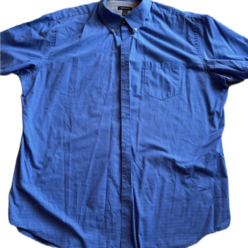 Van Heusen Mens Short Sleeve Blue Button Down Gingham Dress Shirt Xl 17-17.5 EUC